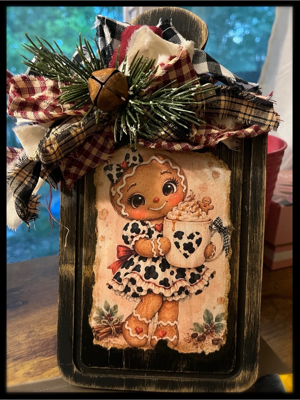 Handcrafted Black Gingerbread Girl Plaque with cow print Bow
